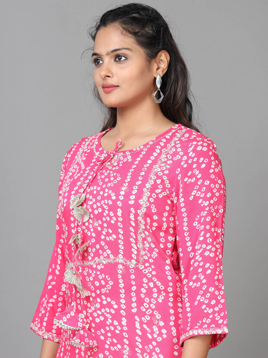 Pink 3/4 Sleeve Cotton Printed Straight Calf Length Kurta