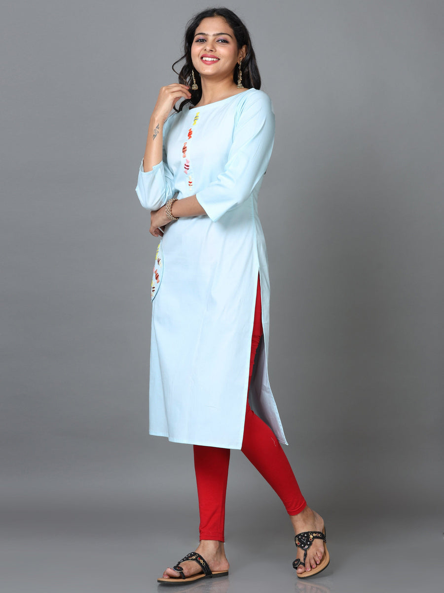 Sky Blue 3/4 Sleeve Cotton Solid Straight Calf Length Kurta