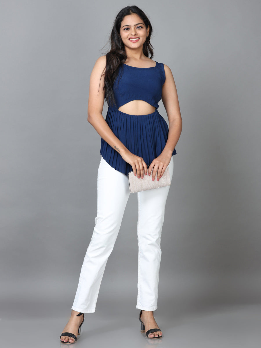 Navy Blue Sleeveless Georgette Solid Western Standard Length Top