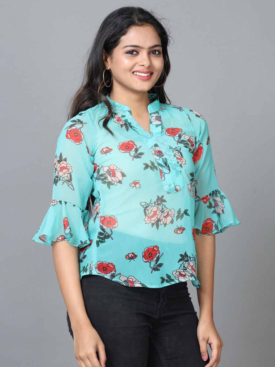 Green Half Sleeve Georgette Printed Western Standard Length Top