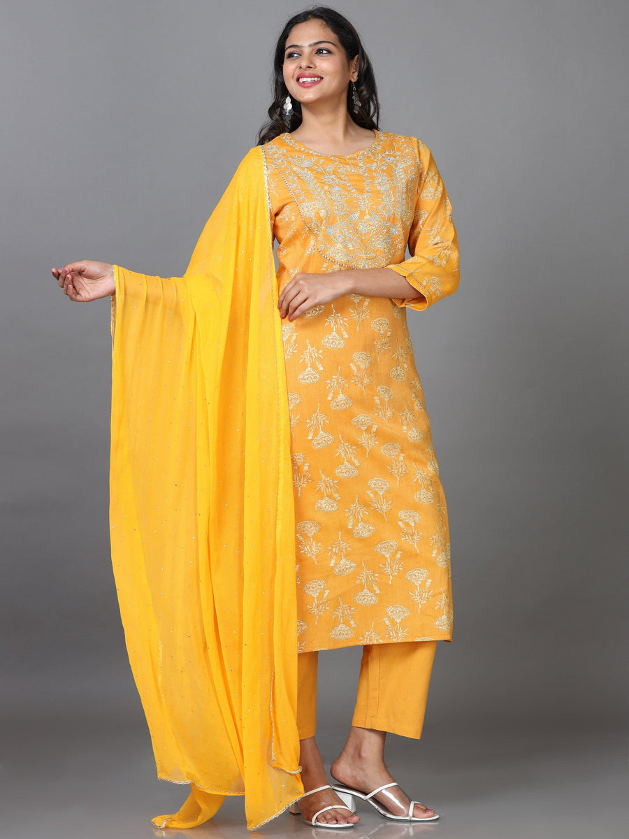 Yellow 3/4 Sleeve Rayon Printed Straight calf-long Salwar Suit