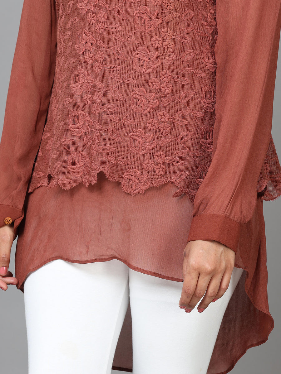 Brown Cuff Sleeve Georgette Embroidered Western Long Length Top