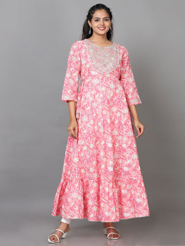 Pink 3/4 Sleeve Cotton Printed Anarkali Ankle Length Kurta