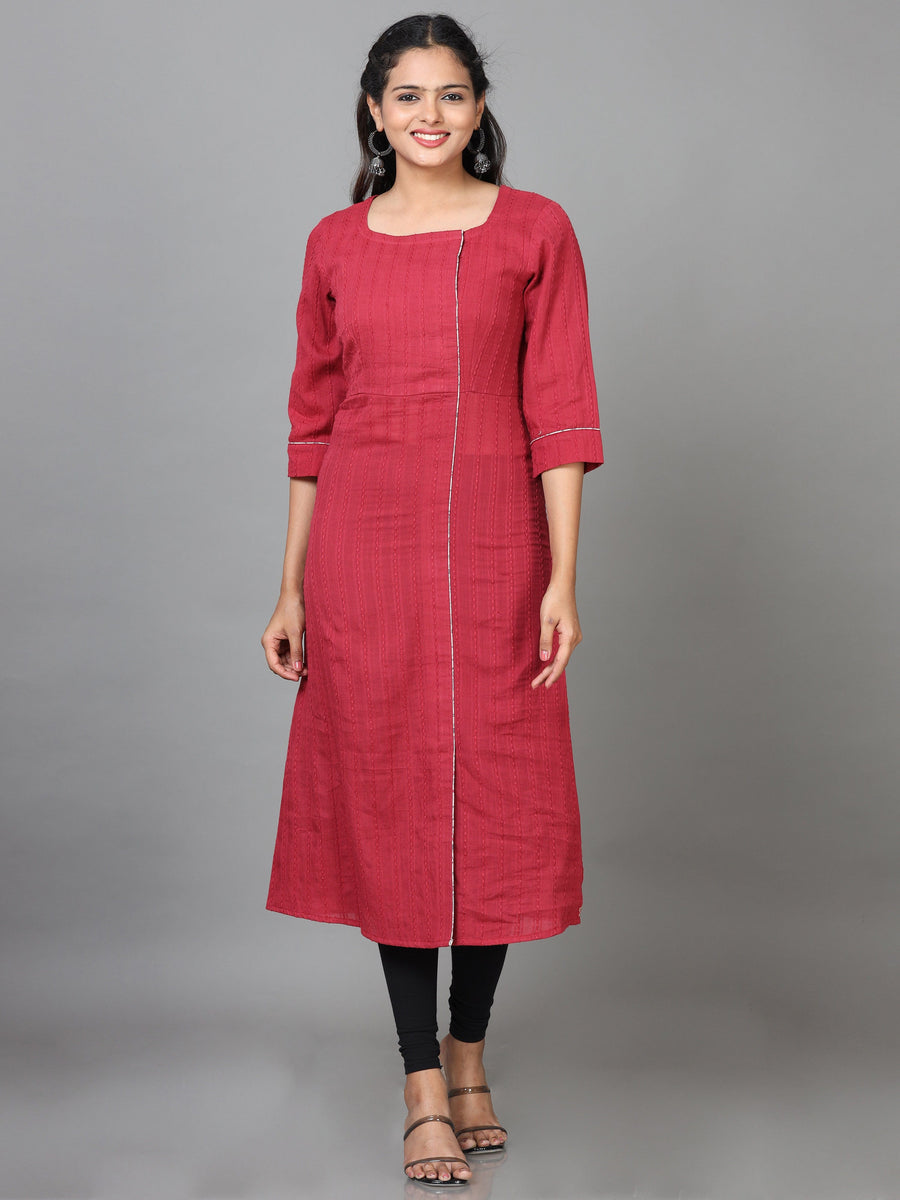 Maroon Elbow Length Sleeve Cotton Solid Straight Calf Length Kurta