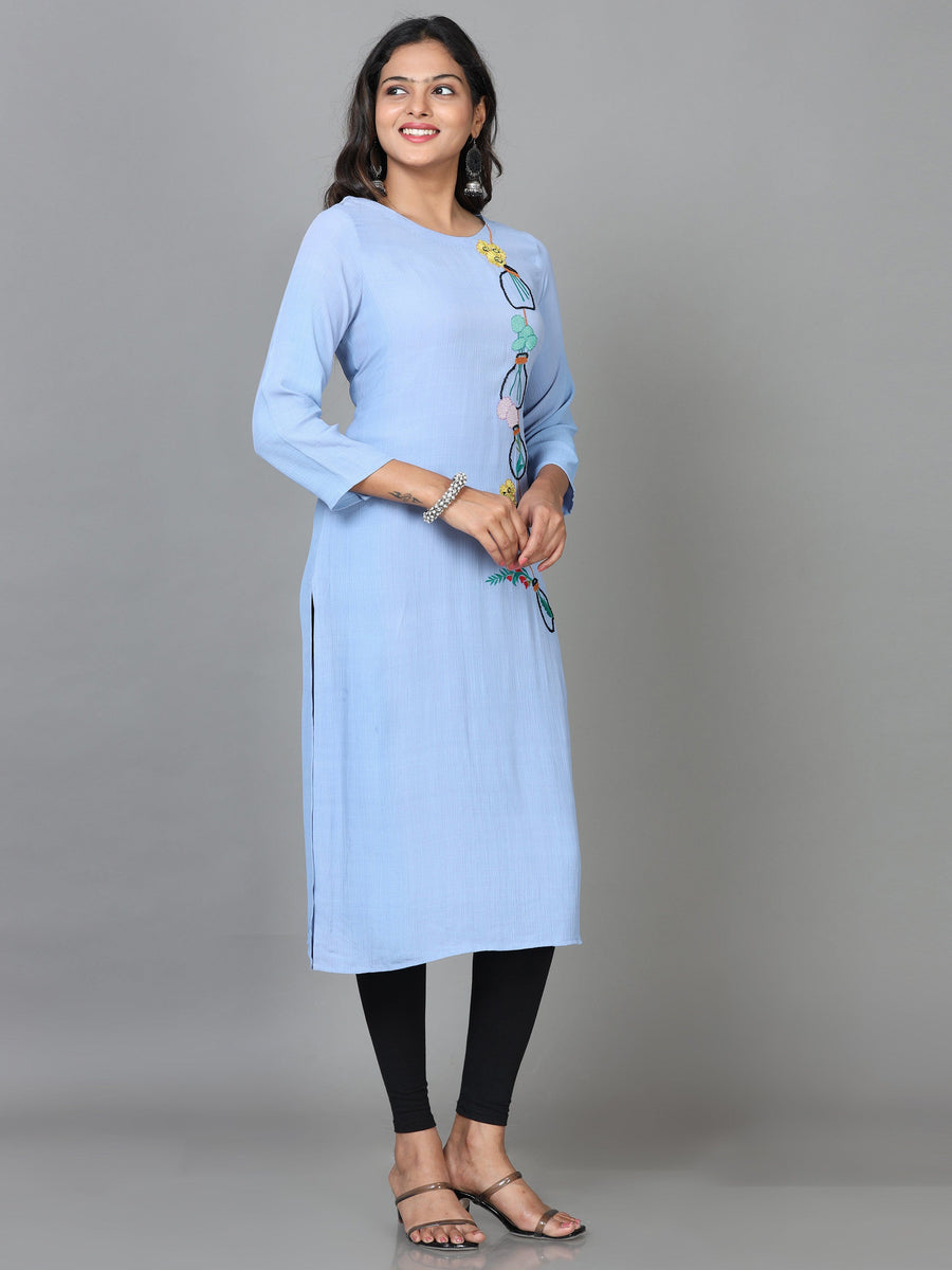 Blue 3/4 Sleeve Cotton Embroidered Straight Calf Length Kurta