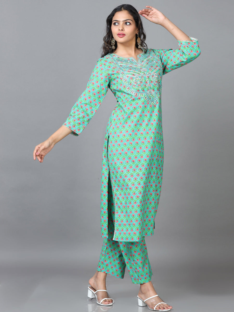 Green 3/4 Sleeve Cotton Printed Straight calf-long Kurta Set