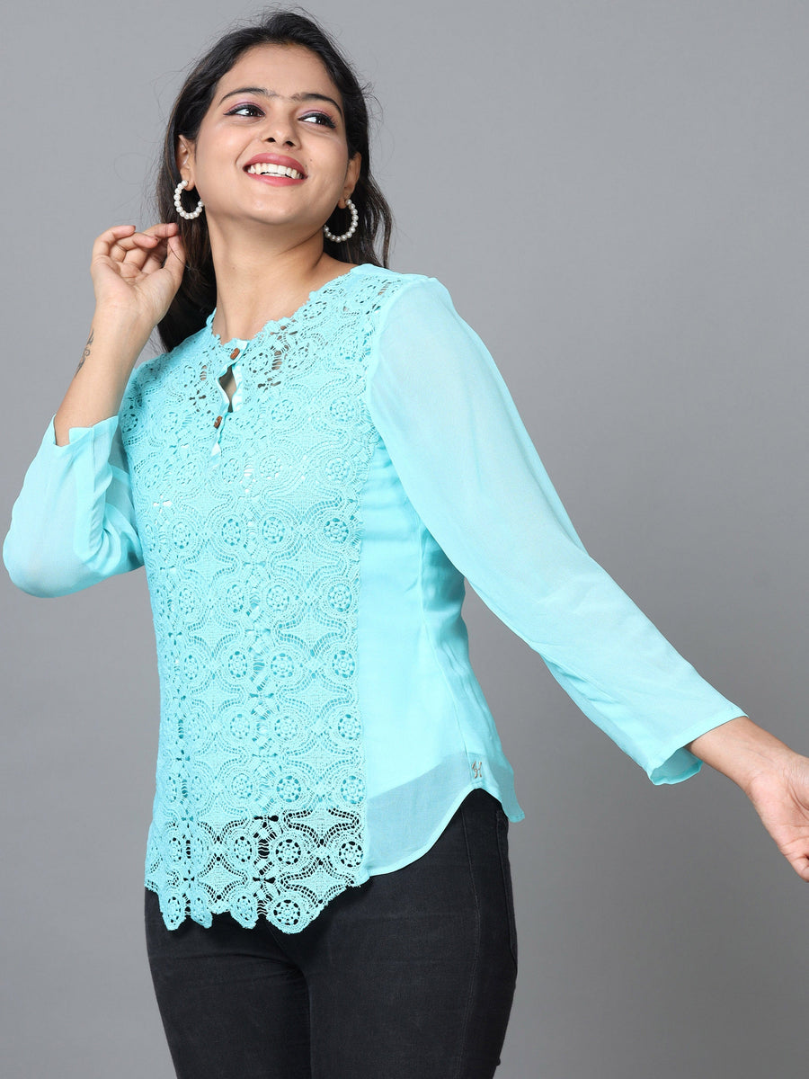 Sky Blue Long Sleeve Georgette Embroidered Western Standard Length Top