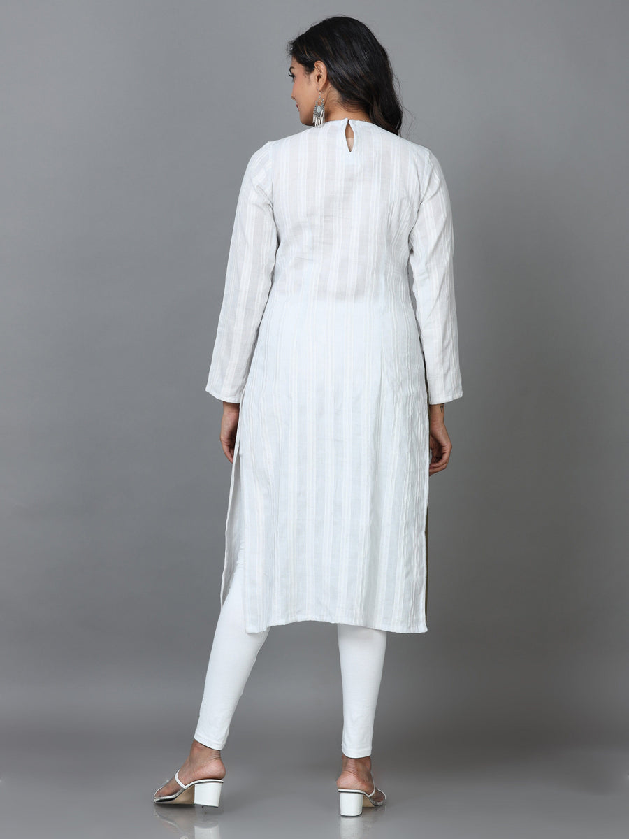 White Full Sleeve Cotton Solid Straight Calf Length Kurta