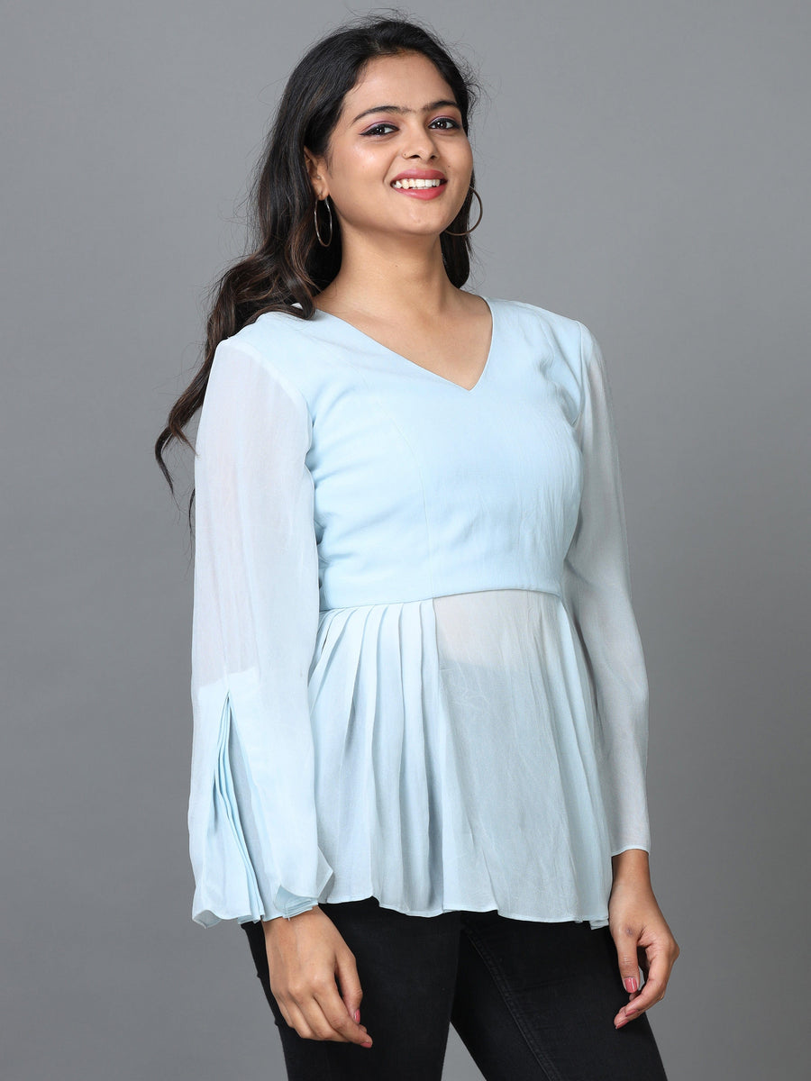 Sky Blue Long Sleeve Georgette Solid Western Standard Length Top