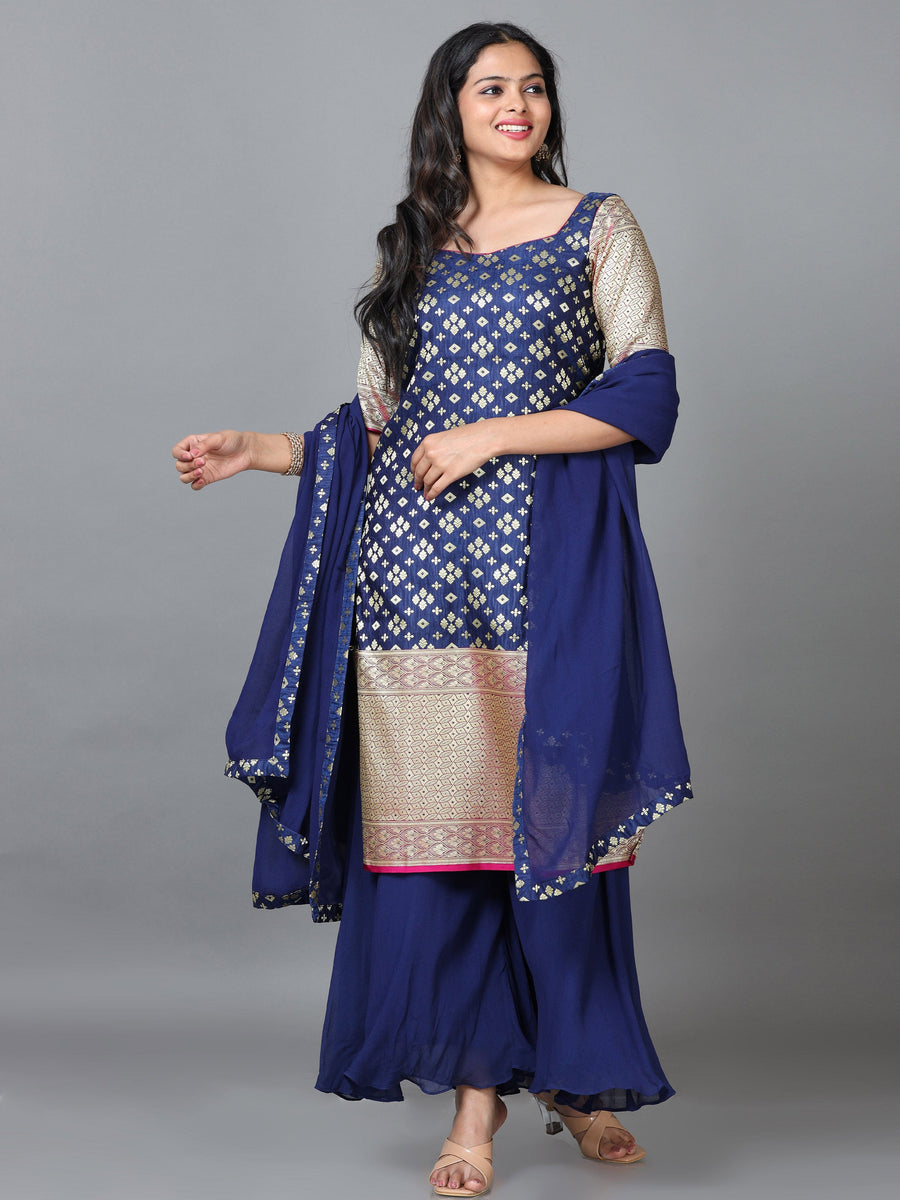 Navy Blue Half Sleeve Banaras Silk Printed Straight knee-long Salwar Suit