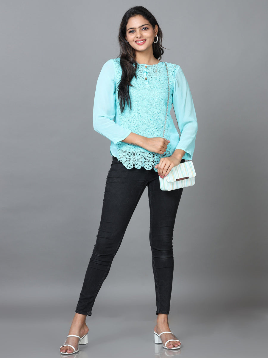 Sky Blue Long Sleeve Georgette Embroidered Western Standard Length Top