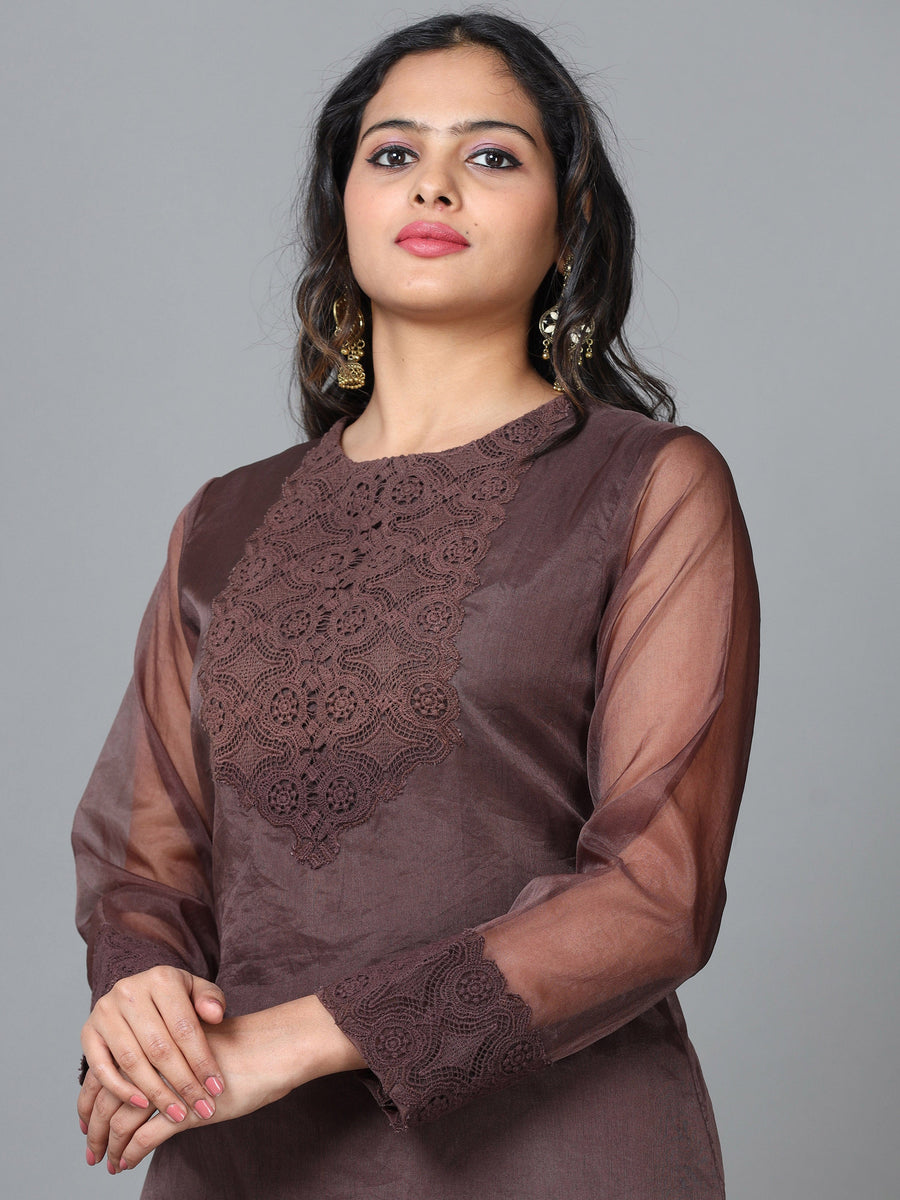 Dark Brown Full Sleeve Organza Solid Straight calf-long Kurta Set