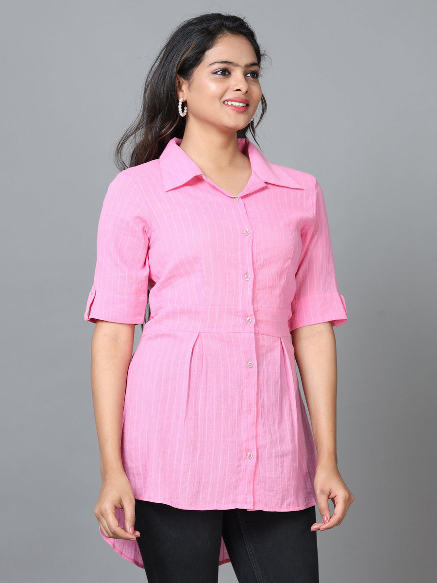 Pink Half Sleeve Cotton Striped Western Standard Length Shirt