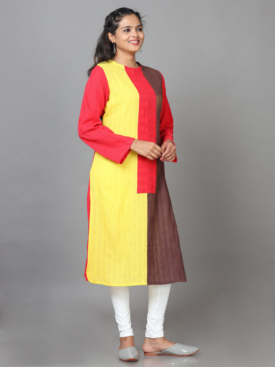 Dark Pink Full Sleeve Cotton Solid Straight Calf Length Kurta