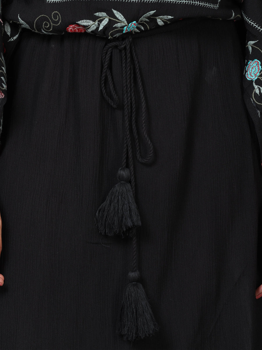 Black Half Sleeve Rayon Embroidered Kaftan Midi Dress