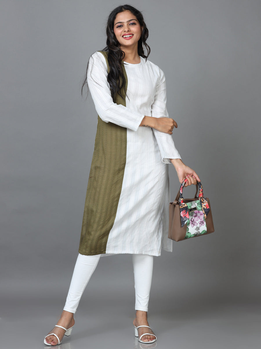 White Full Sleeve Cotton Solid Straight Calf Length Kurta