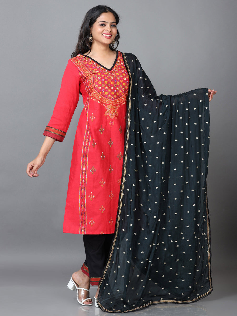 Red 3/4 Sleeve Cotton Floral Printed Straight calf-long Salwar Suit