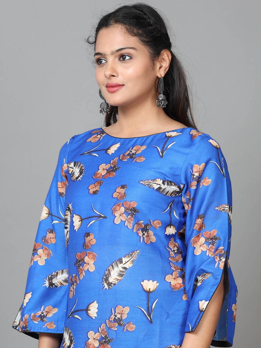 Blue 3/4 Sleeve Crepe Printed Straight Calf Length Kurta