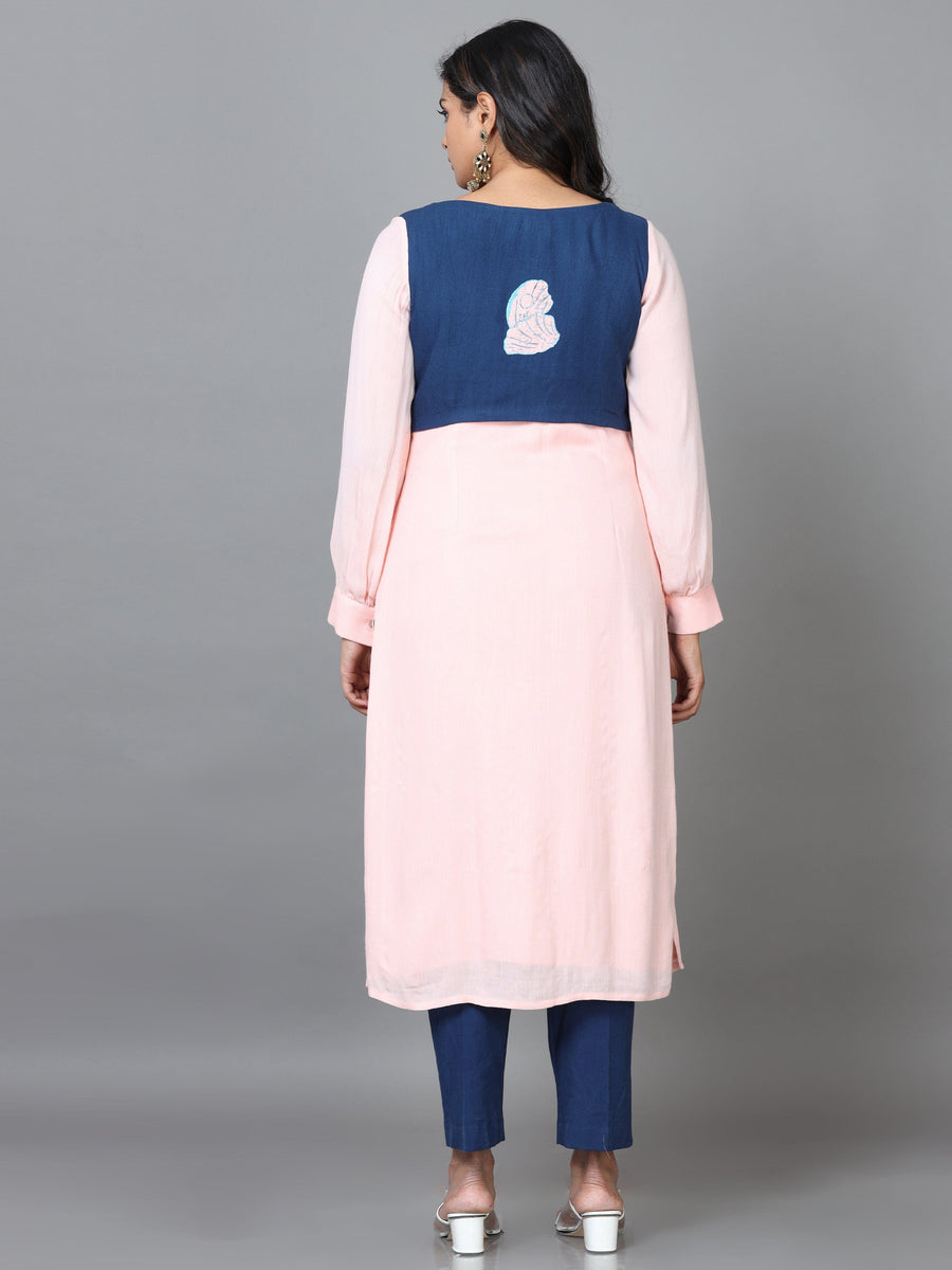 Peach Full Sleeve Cotton Solid Straight calf-long Kurta Set