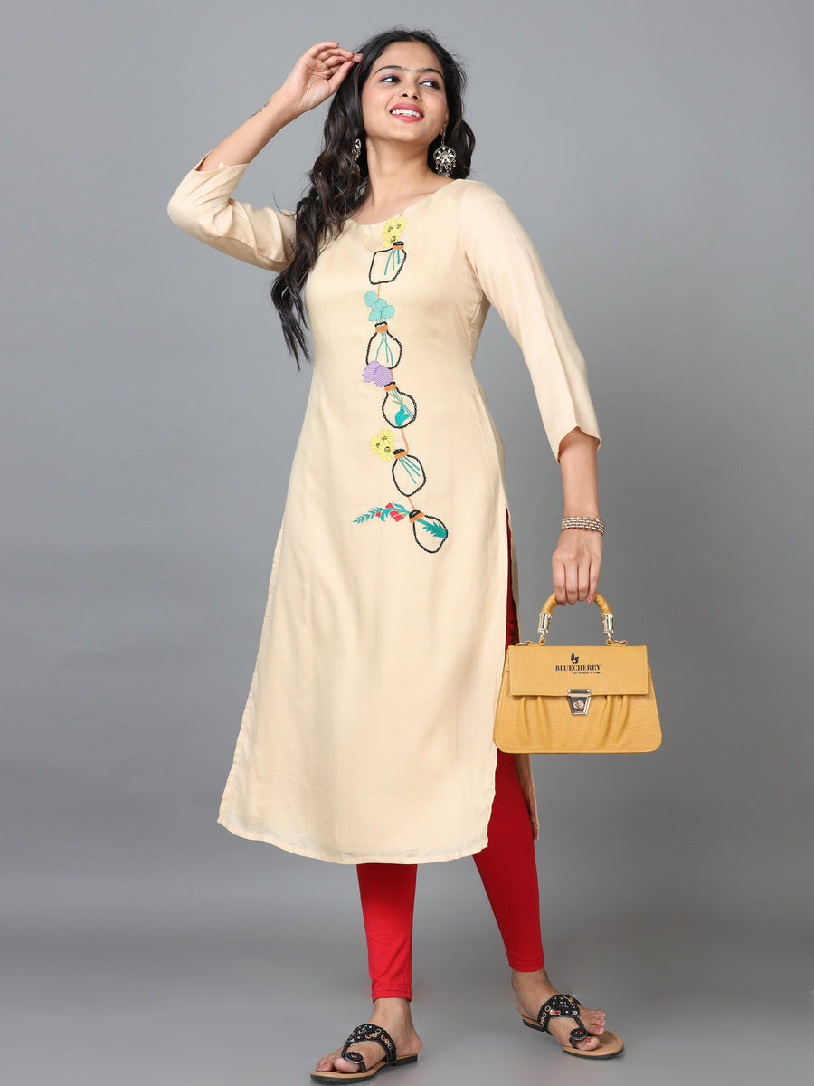 Cream 3/4 Sleeve Cotton Embroidered Straight Calf Length Kurta