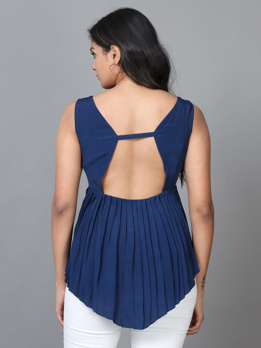 Navy Blue Sleeveless Georgette Solid Western Standard Length Top