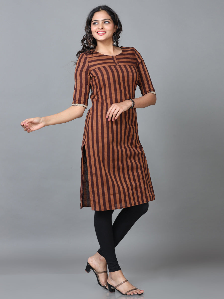 Brown Elbow Length Sleeve Cotton Striped Straight Knee Length Kurta