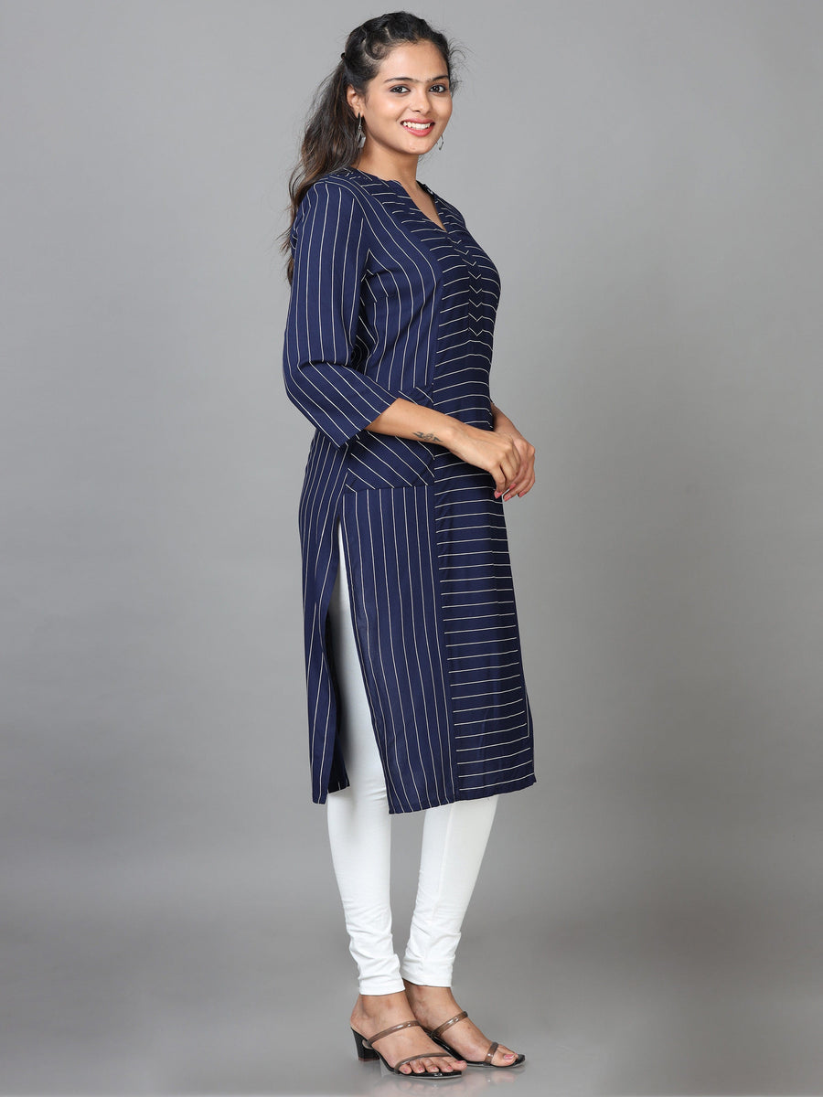 Navy 3/4 Sleeve Rayon Striped Straight Knee Length Kurta