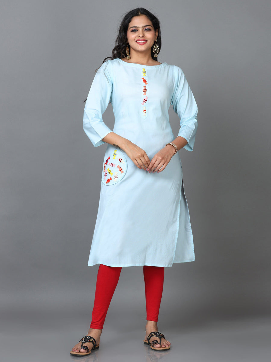 Sky Blue 3/4 Sleeve Cotton Solid Straight Calf Length Kurta