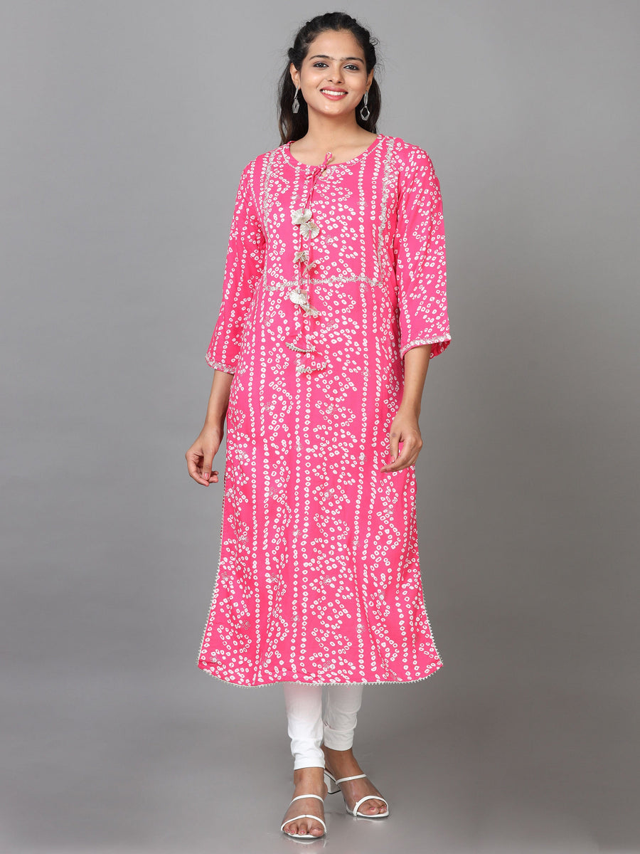 Pink 3/4 Sleeve Cotton Printed Straight Calf Length Kurta