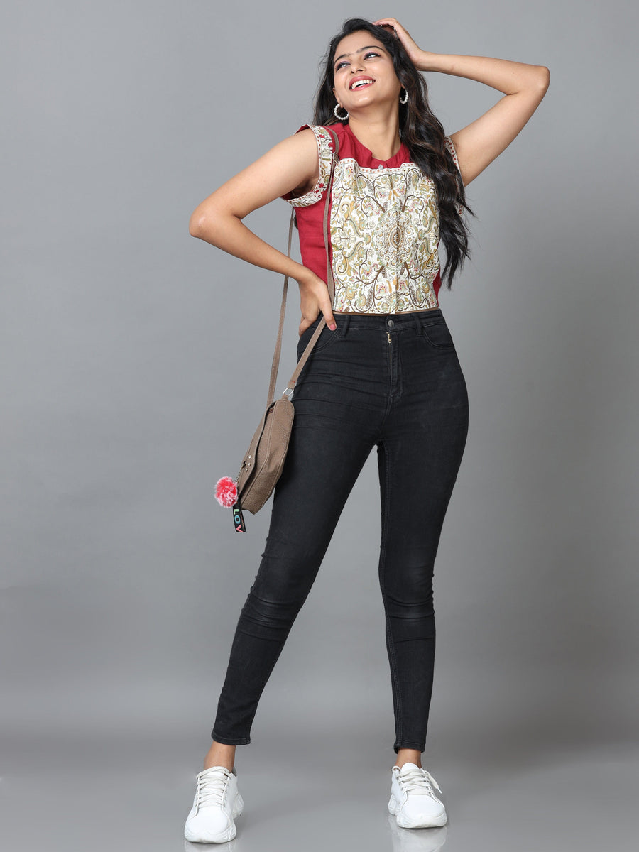 Red Sleeveless Cotton Printed Western Short Length Top