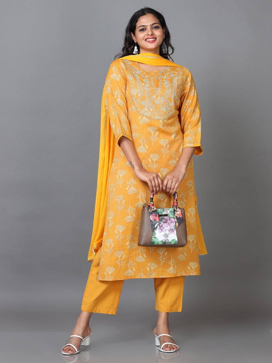 Yellow 3/4 Sleeve Rayon Printed Straight calf-long Salwar Suit