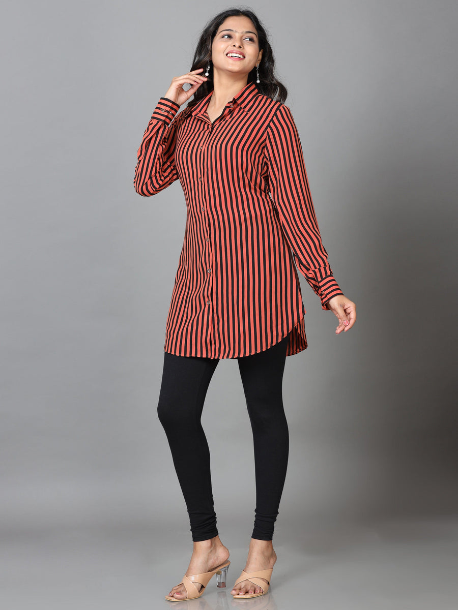 Brown Cuff Sleeve Georgette Striped Western Long Length Shirt