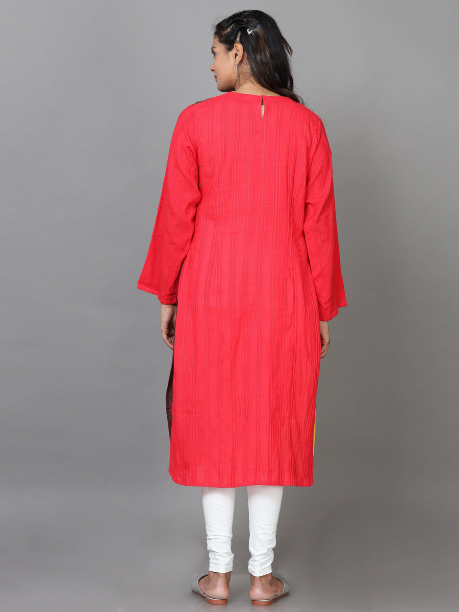 Dark Pink Full Sleeve Cotton Solid Straight Calf Length Kurta