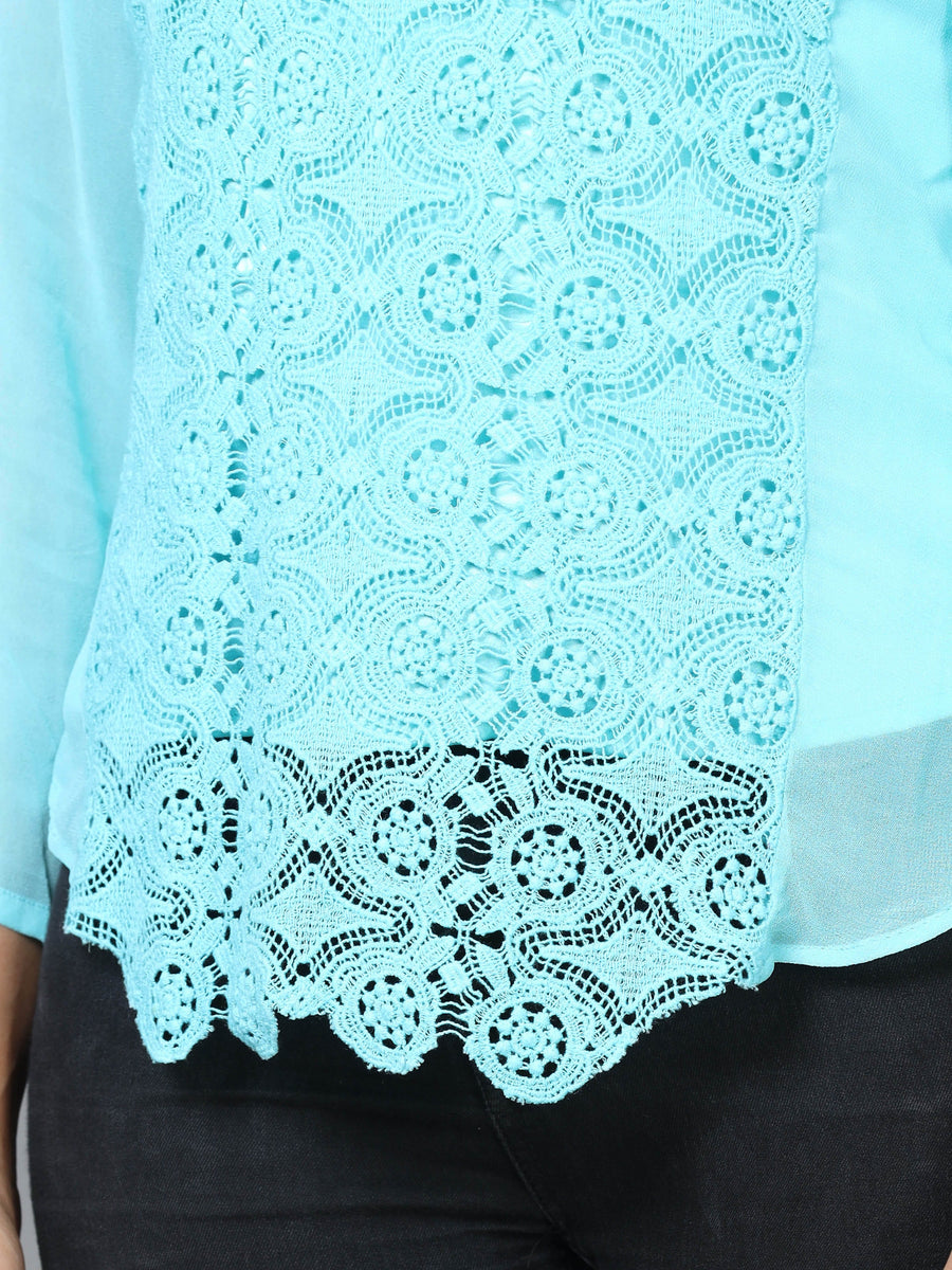 Sky Blue Long Sleeve Georgette Embroidered Western Standard Length Top