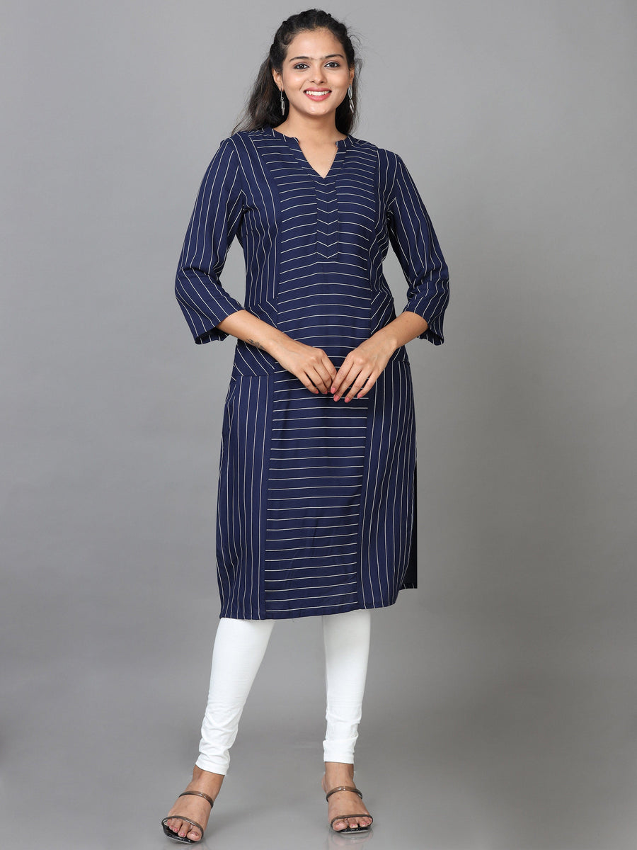 Navy 3/4 Sleeve Rayon Striped Straight Knee Length Kurta