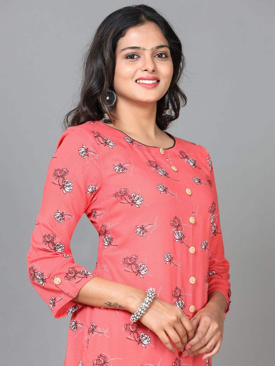 Red 3/4 Sleeve Viscose Printed Straight Knee Length Kurta