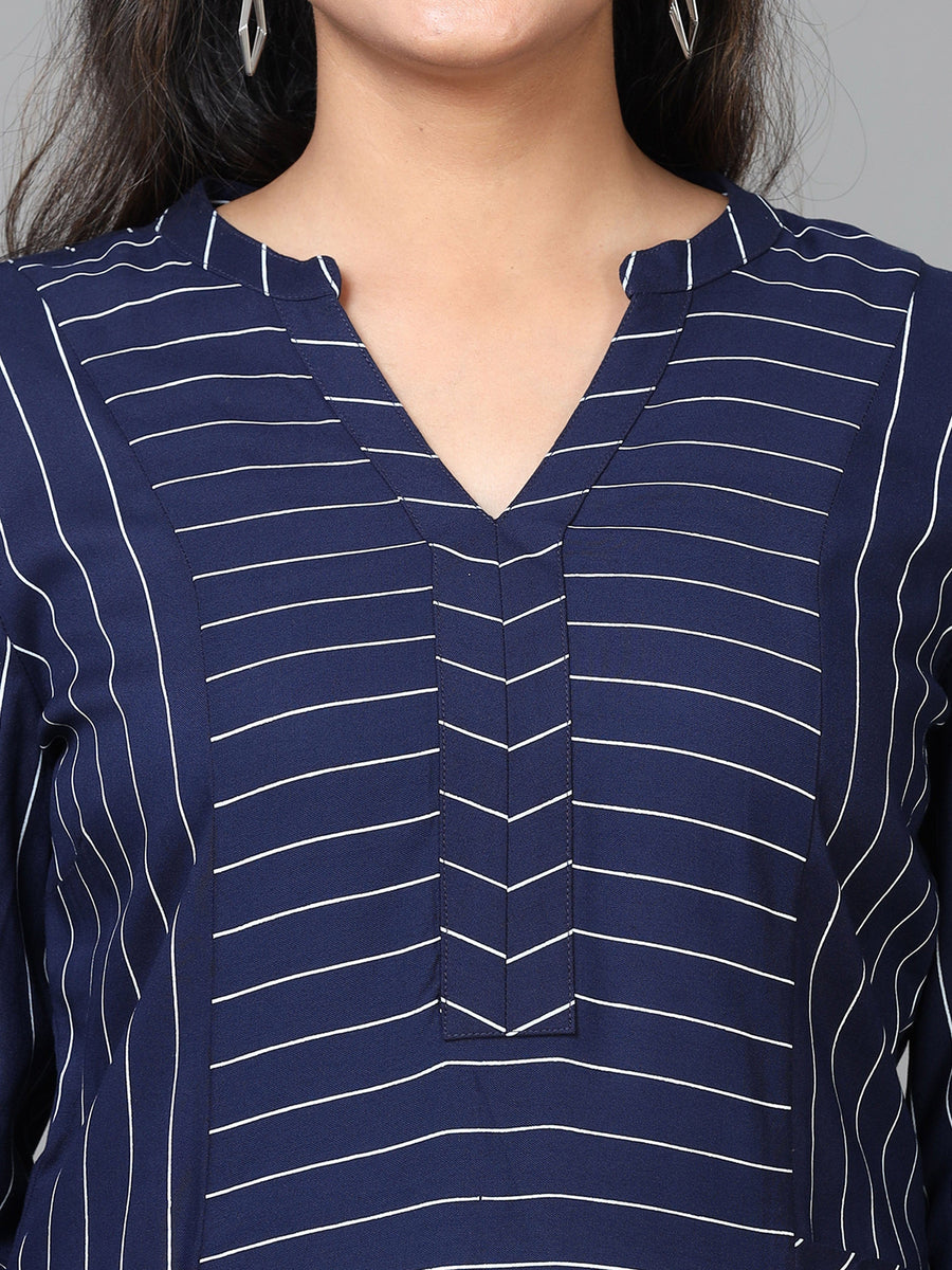 Navy 3/4 Sleeve Rayon Striped Straight Knee Length Kurta