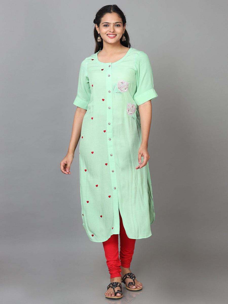 Green Elbow Length Sleeve Rayon Embroidered Straight Calf Length Kurta