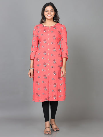 Red 3/4 Sleeve Viscose Printed Straight Knee Length Kurta