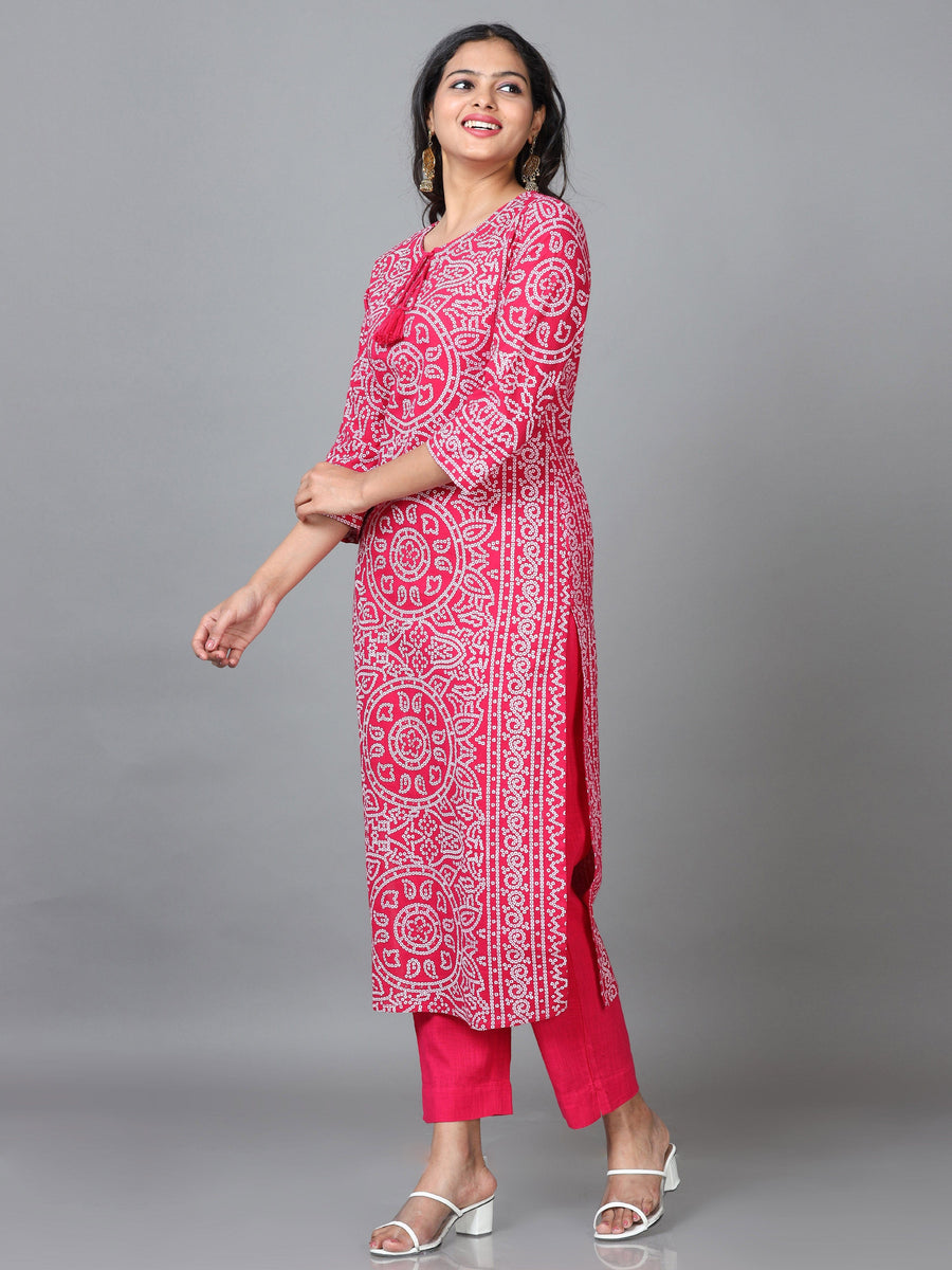 Pink 3/4 Sleeve Cotton Printed Straight calf-long Kurta Set