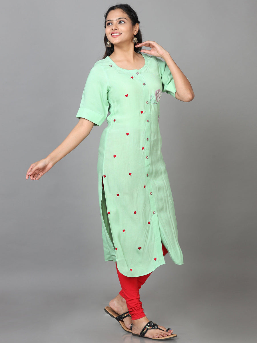 Green Elbow Length Sleeve Rayon Embroidered Straight Calf Length Kurta