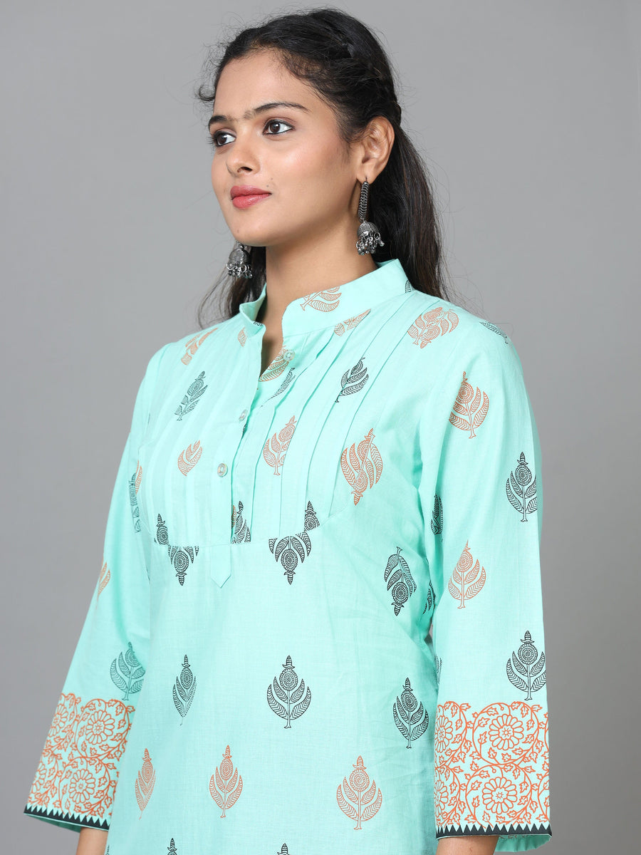 Light Green 3/4 Sleeve Cotton Printed Straight Knee Length Kurta