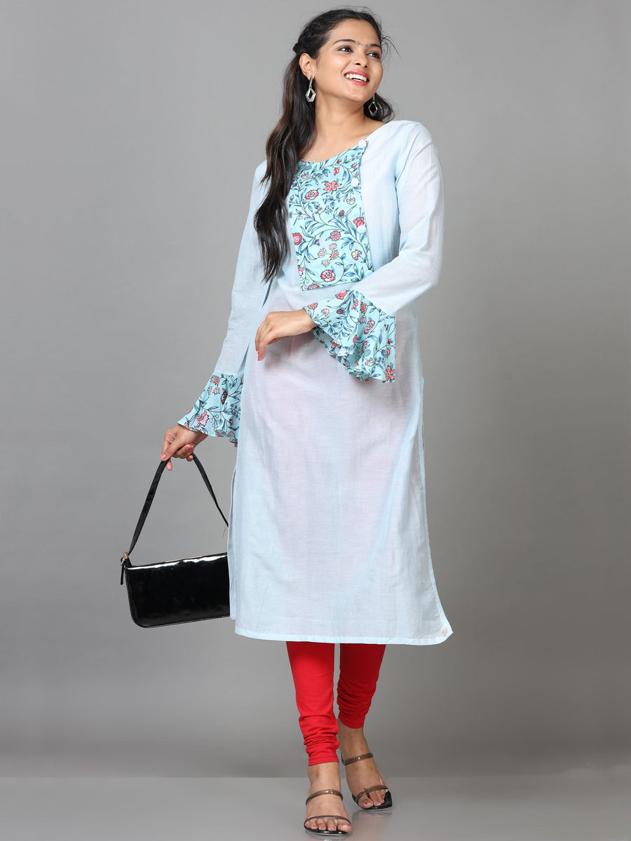 Sky Blue Full Sleeve Cotton Printed Straight Calf Length Kurta