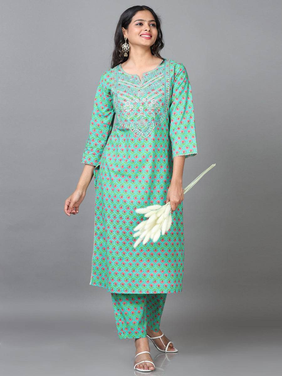 Green 3/4 Sleeve Cotton Printed Straight calf-long Kurta Set