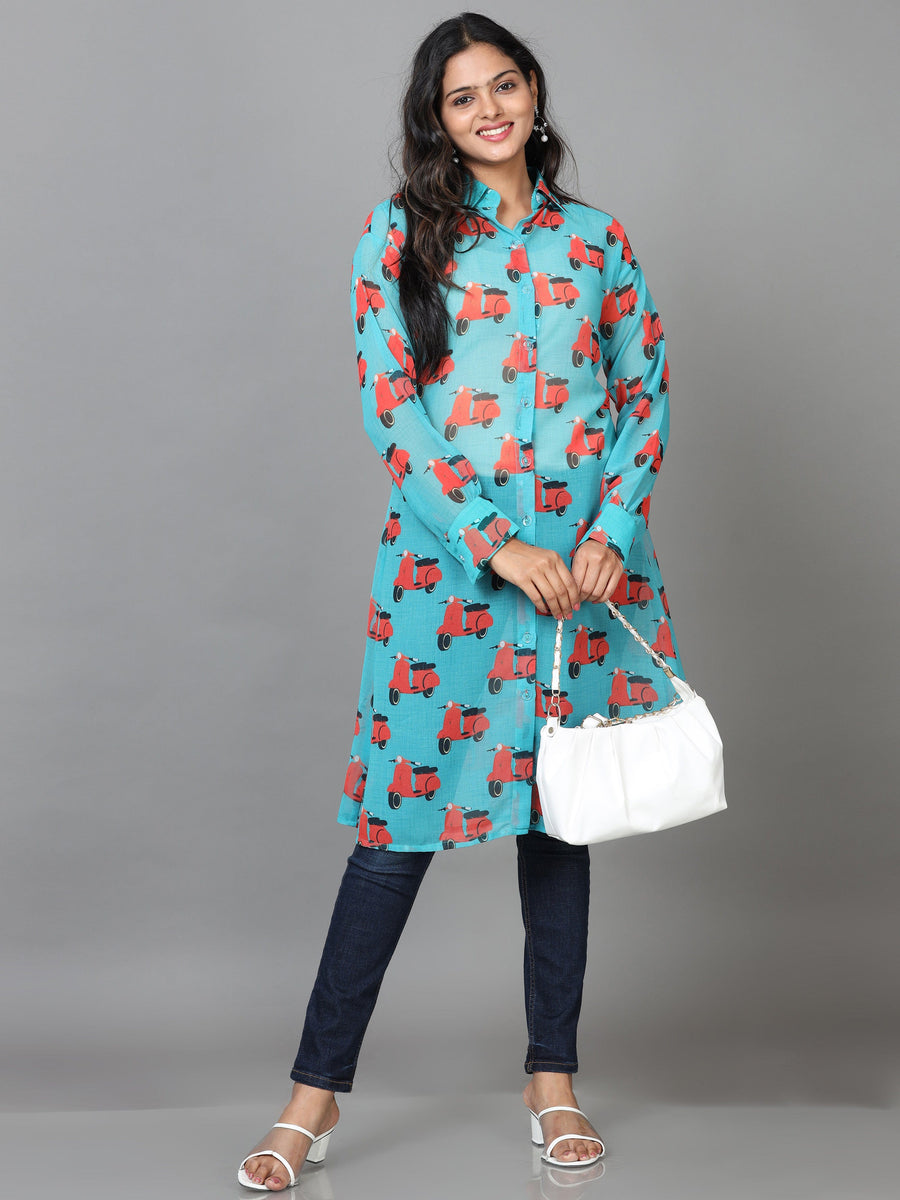 Turquoise Cuff Sleeve Georgette Printed Western Long Length Shirt