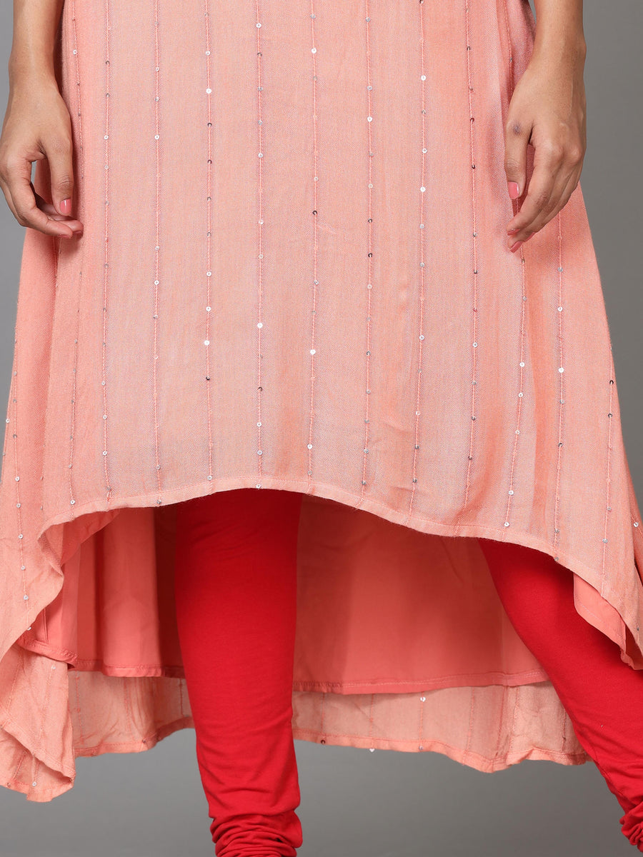 Peach 3/4 Sleeve Rayon Embroidered A-Line Calf Length Kurta