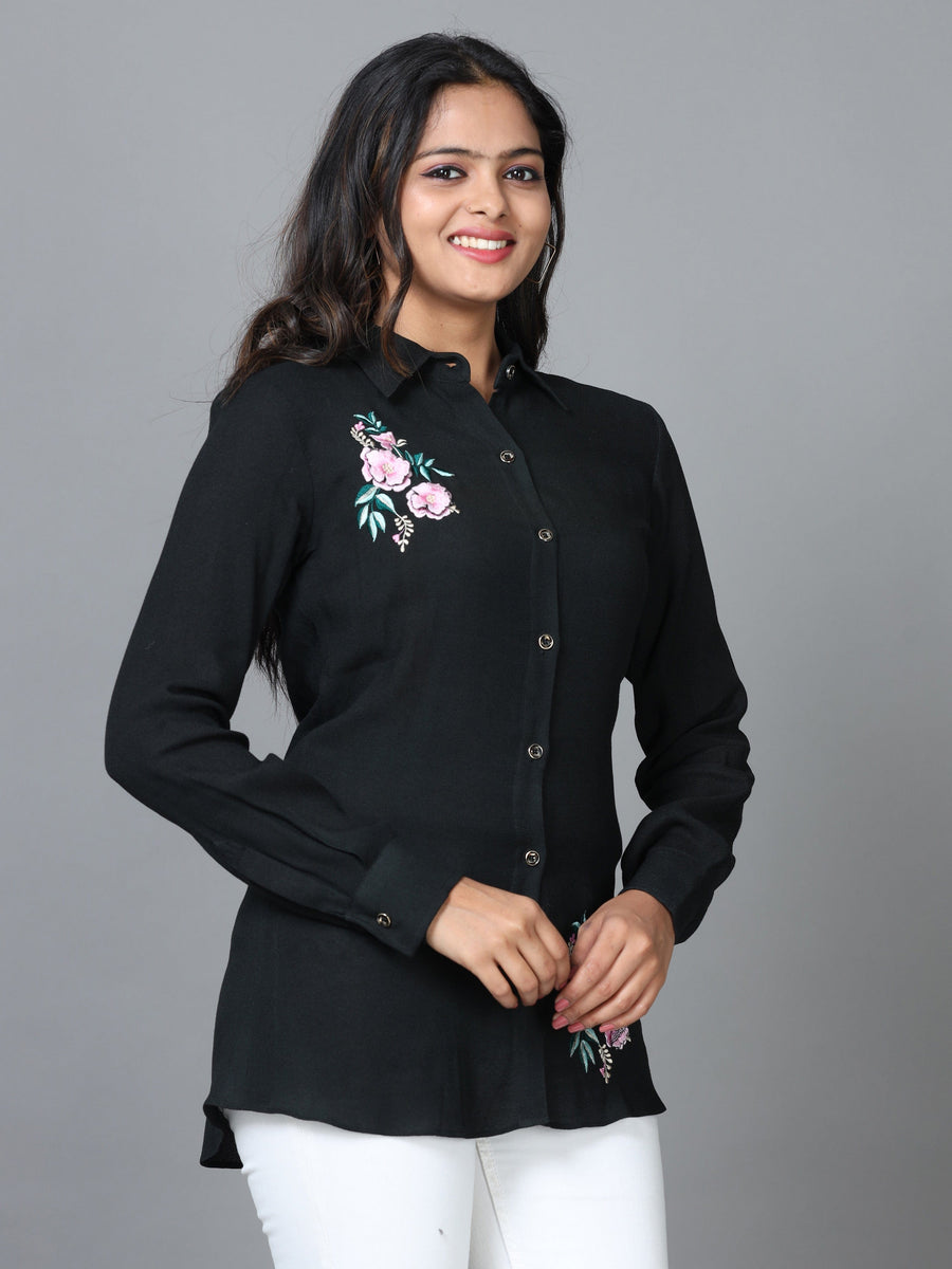 Black Cuff Sleeve Georgette Embroidered Western Standard Length Shirt