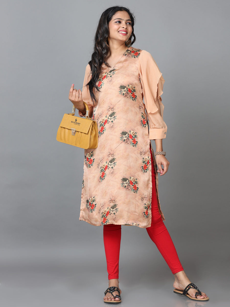 Peach 3/4 Sleeve Crepe Printed Straight Knee Length Kurta