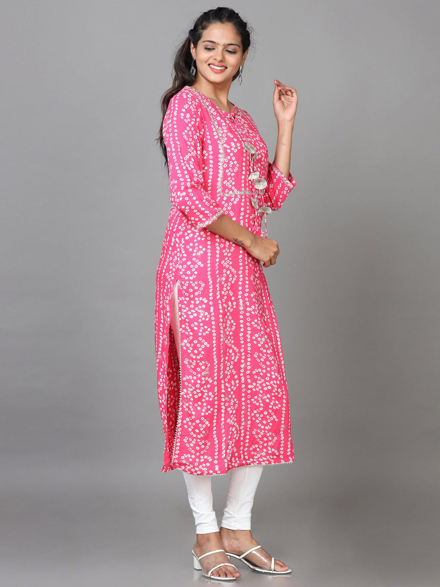 Pink 3/4 Sleeve Cotton Printed Straight Calf Length Kurta