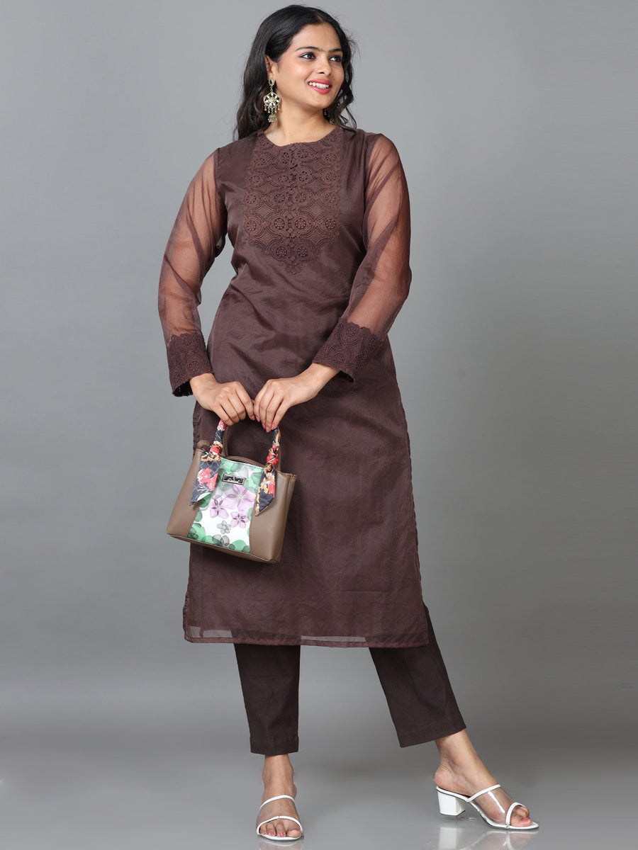 Dark Brown Full Sleeve Organza Solid Straight calf-long Kurta Set